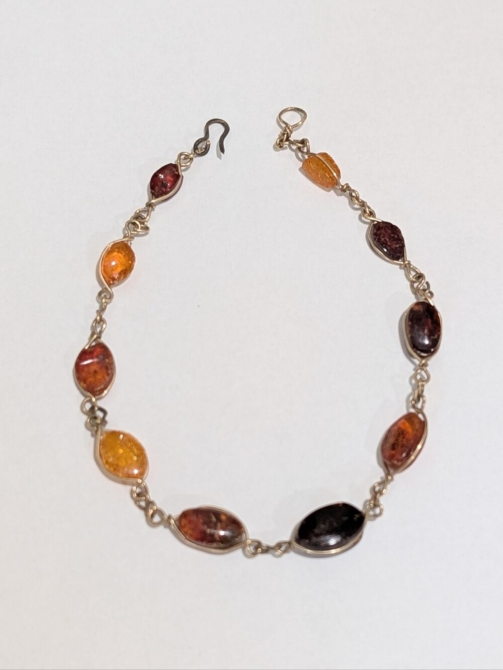 Genuine Baltic Amber Beads Gold Tone Wire Wrapped 8" Bracelet With Hook Closure